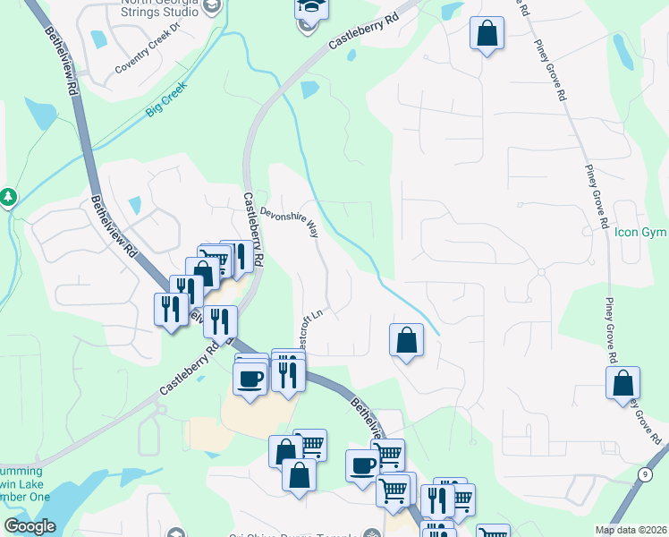 map of restaurants, bars, coffee shops, grocery stores, and more near 5725 Devonshire Way in Cumming