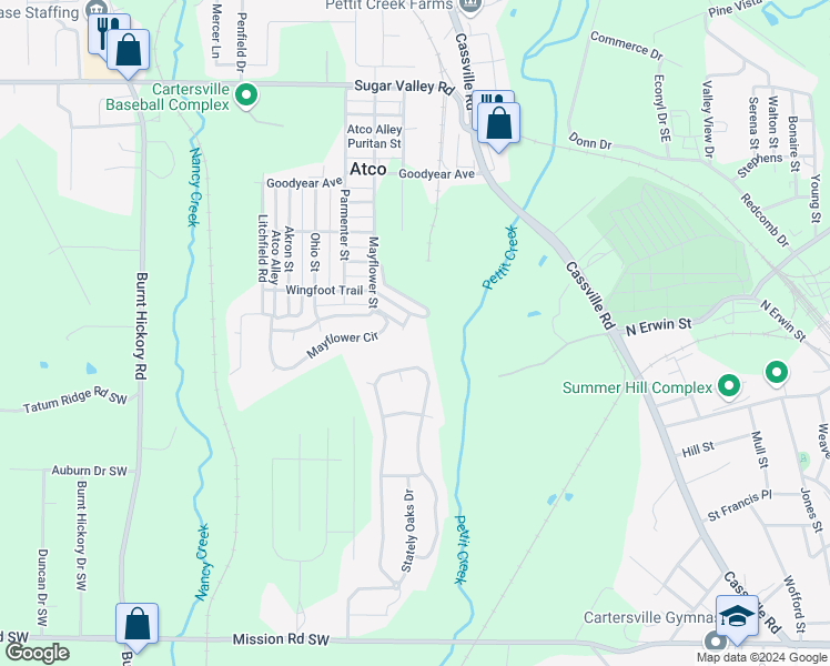 map of restaurants, bars, coffee shops, grocery stores, and more near 1 Wingfoot Trail in Cartersville