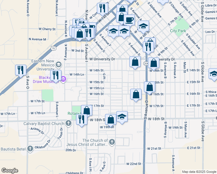 map of restaurants, bars, coffee shops, grocery stores, and more near 811 West 15th Street in Portales