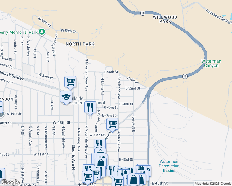 map of restaurants, bars, coffee shops, grocery stores, and more near 5220 Sepulveda Avenue in San Bernardino
