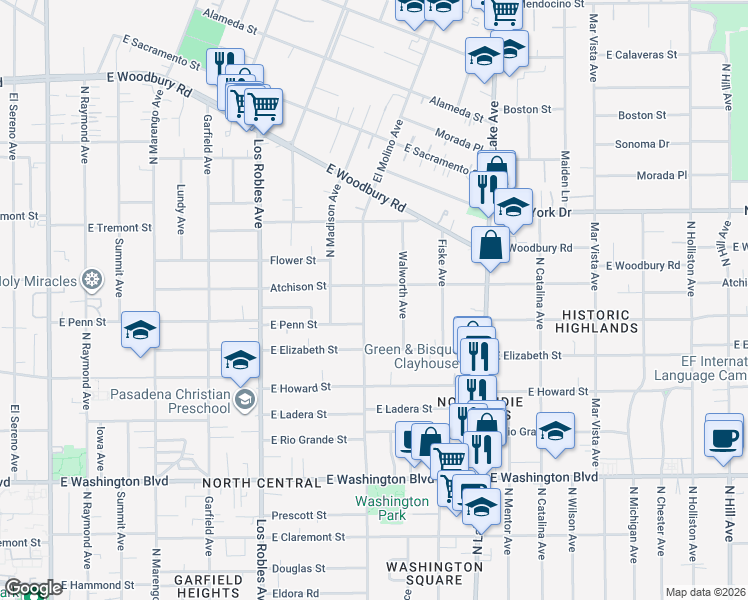 map of restaurants, bars, coffee shops, grocery stores, and more near 1752 North El Molino Avenue in Pasadena