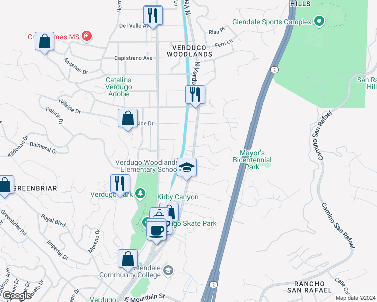 map of restaurants, bars, coffee shops, grocery stores, and more near 1844 Colina Drive in Glendale