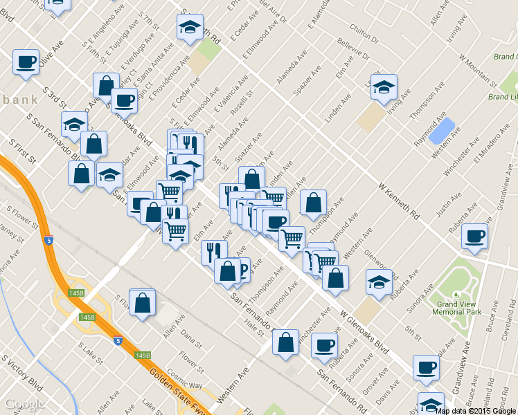 map of restaurants, bars, coffee shops, grocery stores, and more near 1148 Linden Avenue in Glendale