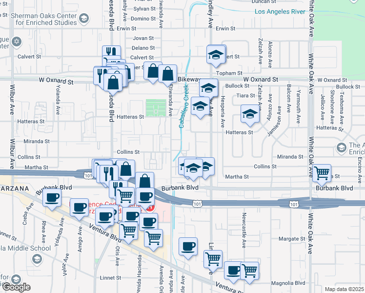 map of restaurants, bars, coffee shops, grocery stores, and more near 5700 Etiwanda Avenue in Los Angeles