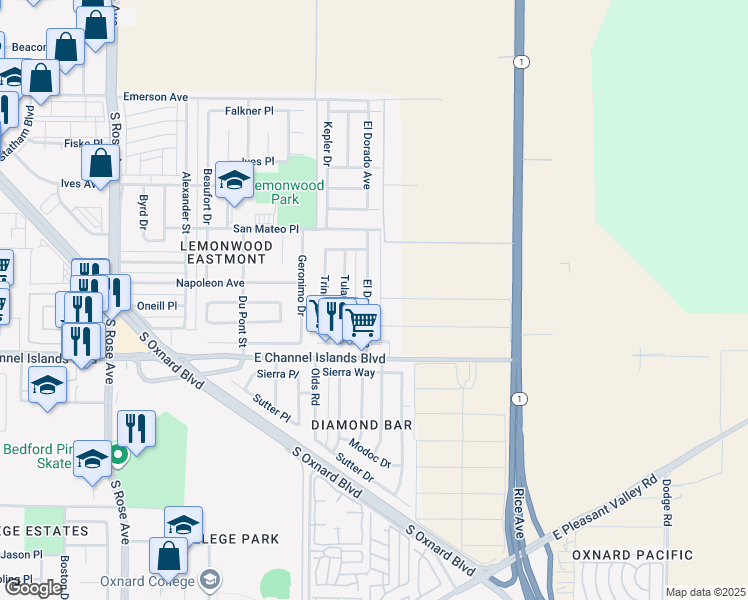 map of restaurants, bars, coffee shops, grocery stores, and more near 2500 El Dorado Avenue in Oxnard