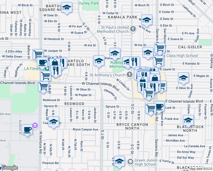 map of restaurants, bars, coffee shops, grocery stores, and more near 731 West Channel Islands Boulevard in Oxnard