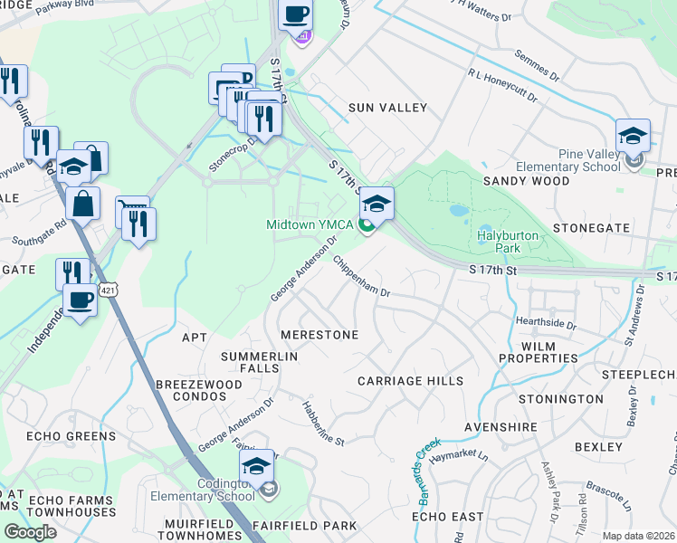 map of restaurants, bars, coffee shops, grocery stores, and more near 2 Chippenham Drive in Wilmington