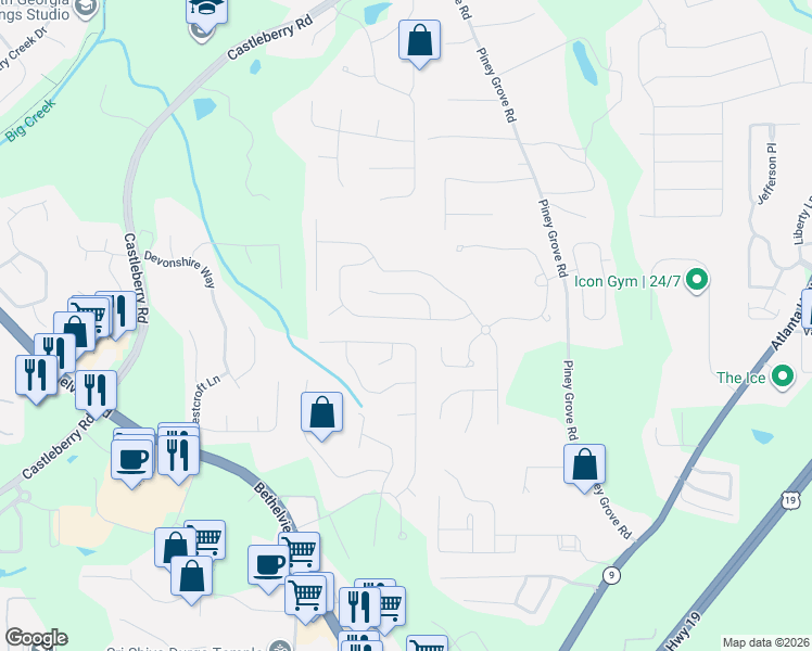map of restaurants, bars, coffee shops, grocery stores, and more near 5765 Weddington Drive in Cumming