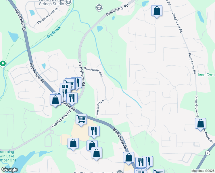 map of restaurants, bars, coffee shops, grocery stores, and more near 5725 Devonshire Way in Cumming