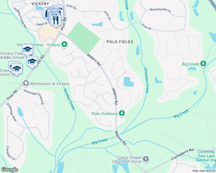 map of restaurants, bars, coffee shops, grocery stores, and more near 6680 Great Grove Way in Cumming