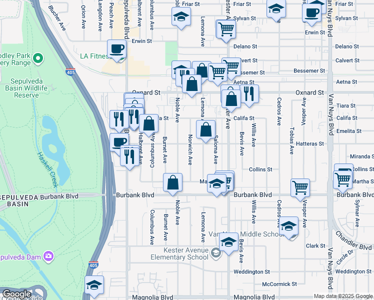 map of restaurants, bars, coffee shops, grocery stores, and more near in Los Angeles