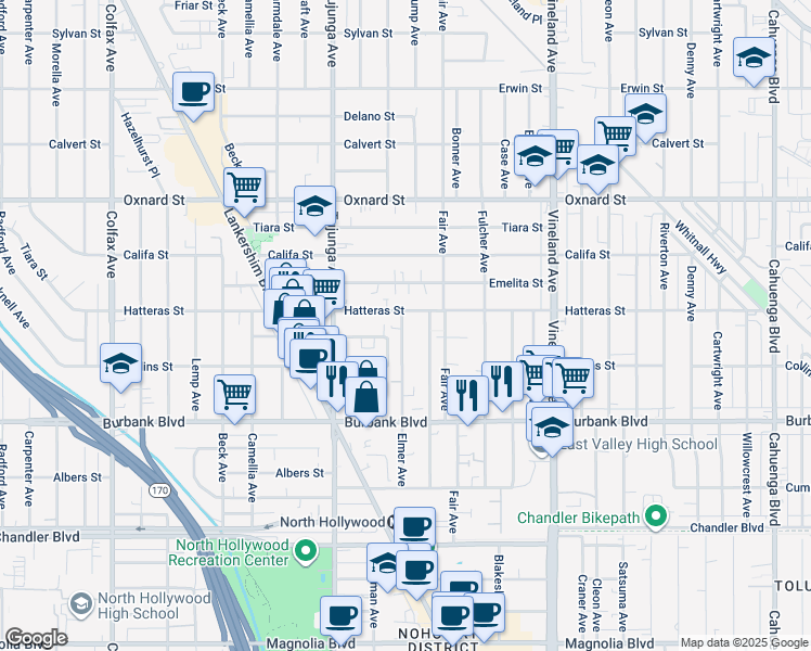map of restaurants, bars, coffee shops, grocery stores, and more near 5748 Elmer Avenue in Los Angeles
