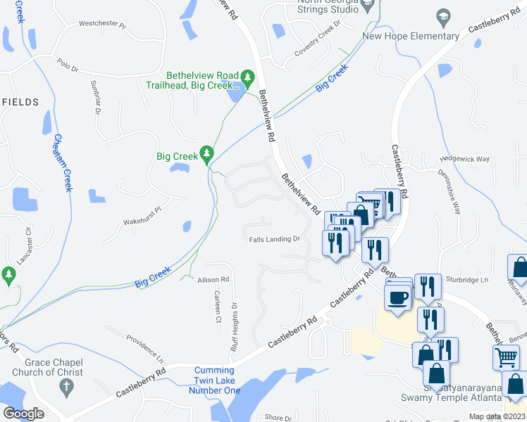 map of restaurants, bars, coffee shops, grocery stores, and more near 6135 Vista Creek Court in Cumming