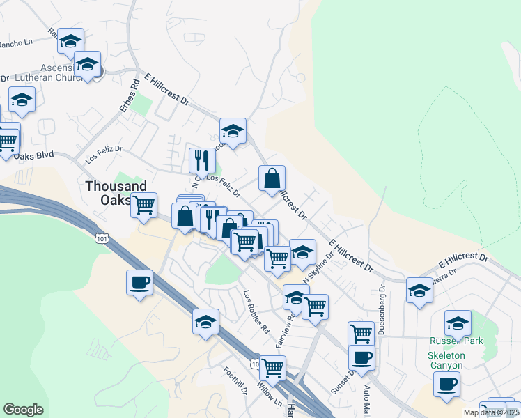 map of restaurants, bars, coffee shops, grocery stores, and more near 237 Whiteside Place in Thousand Oaks