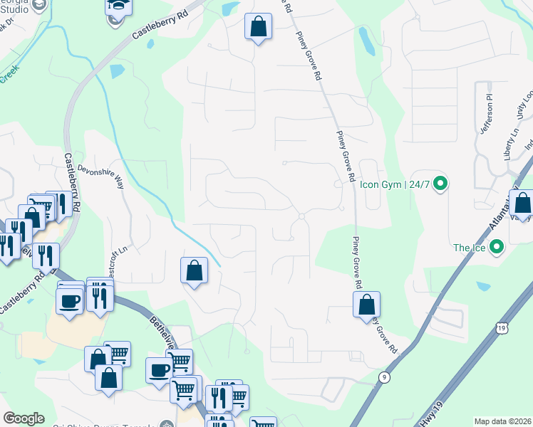 map of restaurants, bars, coffee shops, grocery stores, and more near 5625 Weddington Drive in Cumming