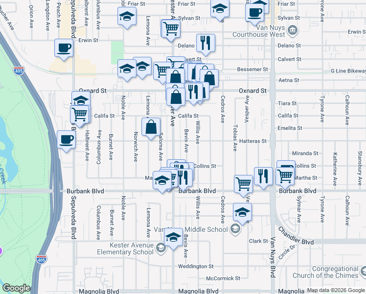 map of restaurants, bars, coffee shops, grocery stores, and more near 5747 Bevis Avenue in Los Angeles