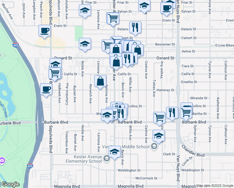 map of restaurants, bars, coffee shops, grocery stores, and more near 5750 Kester Avenue in Los Angeles