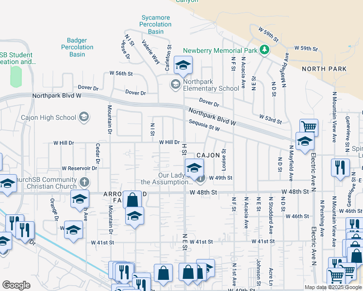 map of restaurants, bars, coffee shops, grocery stores, and more near 4298 North H Street in San Bernardino