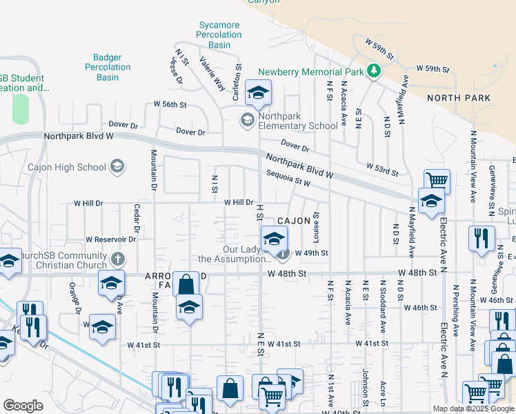 map of restaurants, bars, coffee shops, grocery stores, and more near 4298 North H Street in San Bernardino