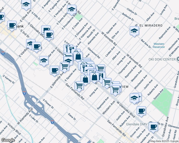 map of restaurants, bars, coffee shops, grocery stores, and more near 1128 Elm Avenue in Glendale