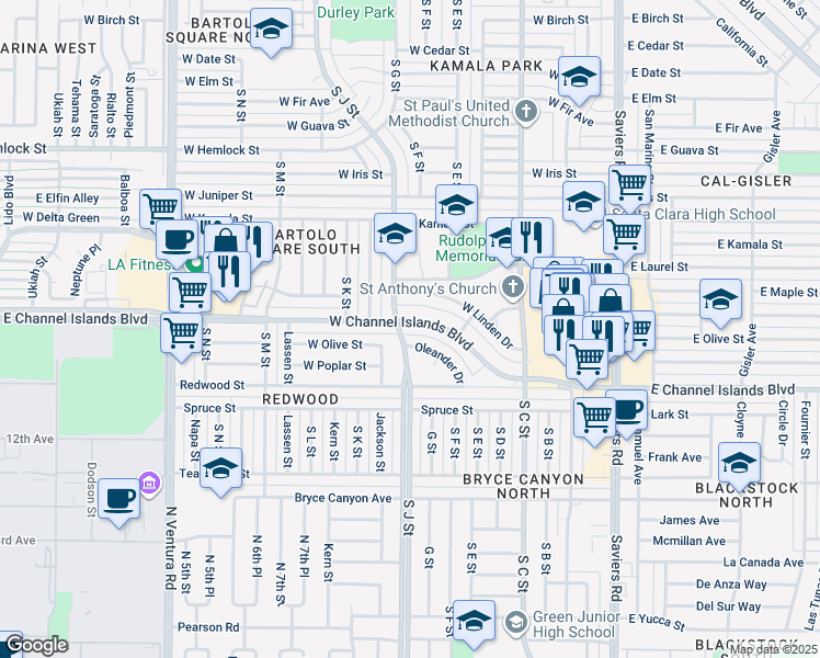 map of restaurants, bars, coffee shops, grocery stores, and more near 730 West Channel Islands Boulevard in Oxnard