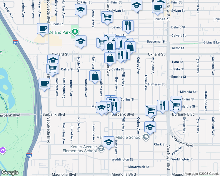 map of restaurants, bars, coffee shops, grocery stores, and more near 5750 Kester Avenue in Los Angeles