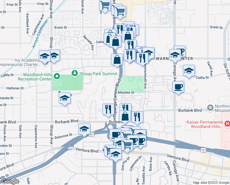 map of restaurants, bars, coffee shops, grocery stores, and more near Topanga Canyon Blvd & Marylee St in Los Angeles