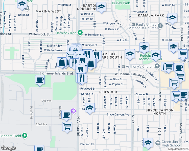 map of restaurants, bars, coffee shops, grocery stores, and more near 1201 West Channel Islands Boulevard in Oxnard