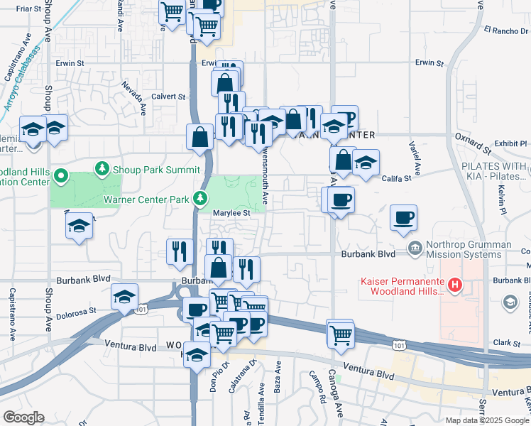 map of restaurants, bars, coffee shops, grocery stores, and more near 5801 Owensmouth Avenue in Los Angeles