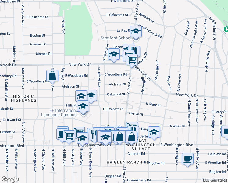 map of restaurants, bars, coffee shops, grocery stores, and more near 1747 Oakwood Street in Pasadena
