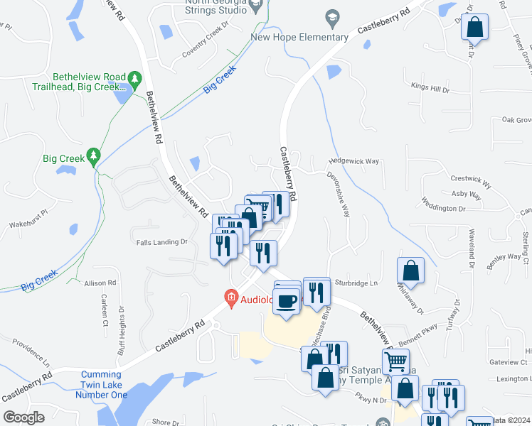 map of restaurants, bars, coffee shops, grocery stores, and more near 5335 Woodleaf Drive in Cumming