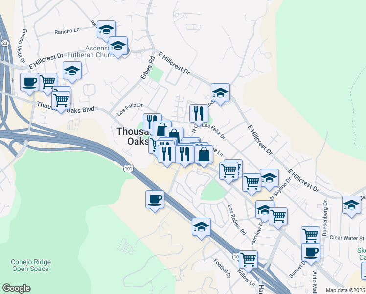 map of restaurants, bars, coffee shops, grocery stores, and more near 53 North Conejo School Road in Thousand Oaks