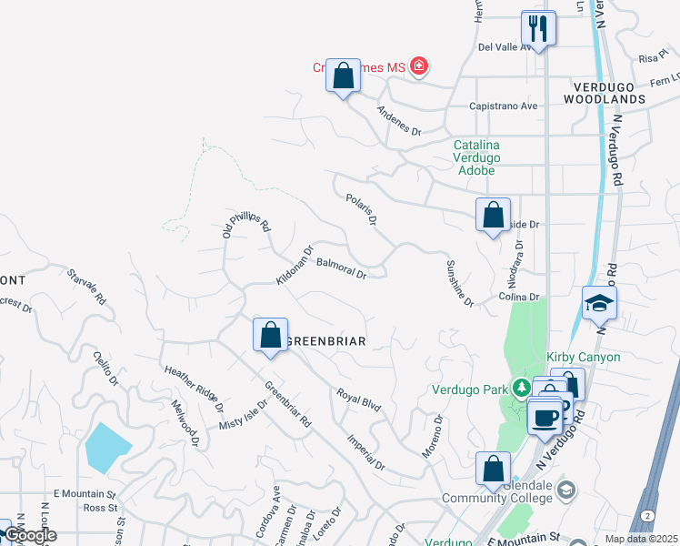 map of restaurants, bars, coffee shops, grocery stores, and more near 1338 Balmoral Drive in Glendale