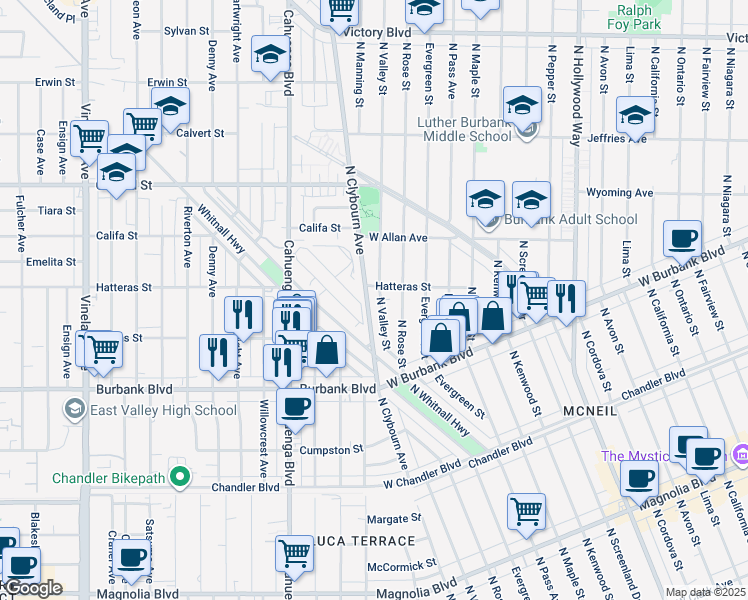 map of restaurants, bars, coffee shops, grocery stores, and more near 1500 North Valley Street in Burbank