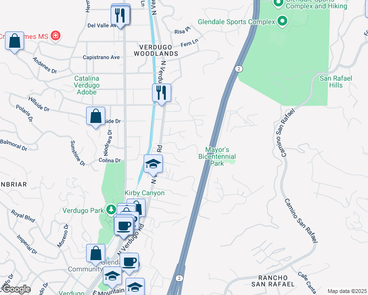 map of restaurants, bars, coffee shops, grocery stores, and more near 1848 Samarkand Place in Glendale