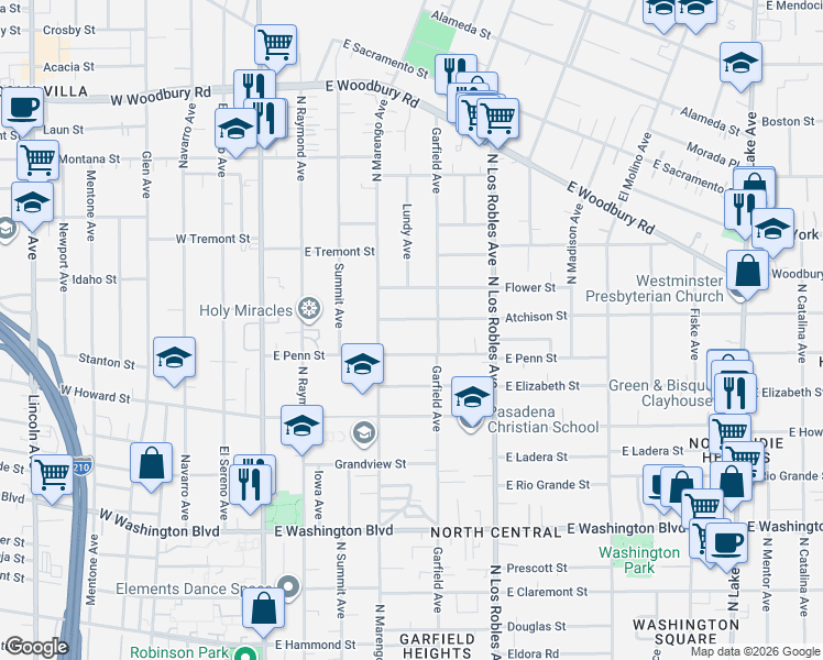 map of restaurants, bars, coffee shops, grocery stores, and more near 295 Atchison Street in Pasadena