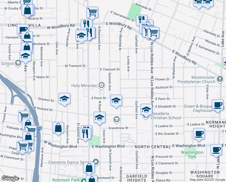 map of restaurants, bars, coffee shops, grocery stores, and more near 1750 Summit Avenue in Pasadena