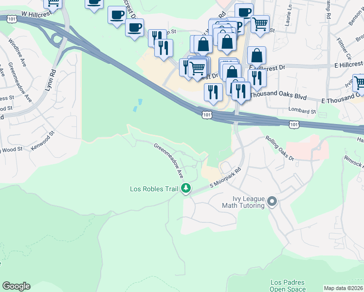 map of restaurants, bars, coffee shops, grocery stores, and more near 213 Green Heath Place in Thousand Oaks
