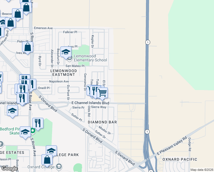 map of restaurants, bars, coffee shops, grocery stores, and more near 2500 El Dorado Avenue in Oxnard