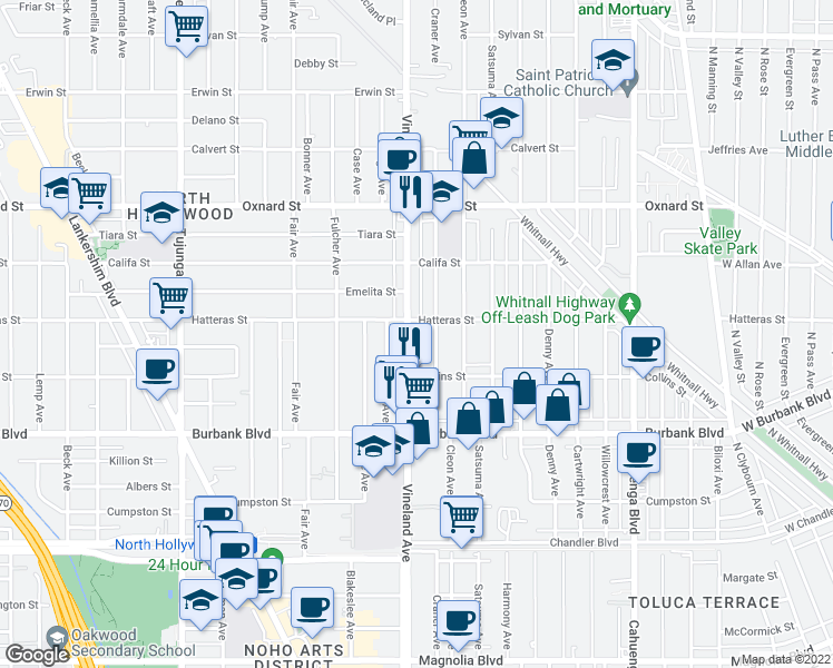 map of restaurants, bars, coffee shops, grocery stores, and more near 5752 Vineland Avenue in Los Angeles