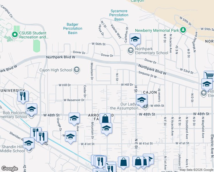 map of restaurants, bars, coffee shops, grocery stores, and more near 4297 North 3rd Avenue in San Bernardino