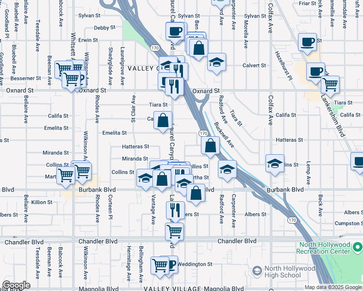 map of restaurants, bars, coffee shops, grocery stores, and more near 5757 Agnes Avenue in Los Angeles