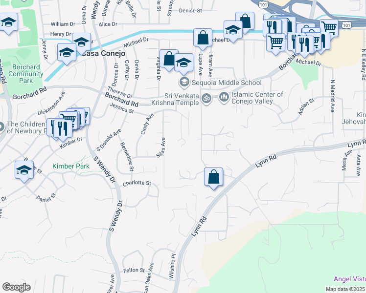 map of restaurants, bars, coffee shops, grocery stores, and more near 289 Rosa Lane in Thousand Oaks