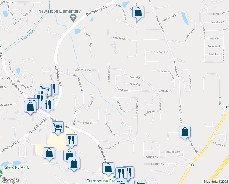 map of restaurants, bars, coffee shops, grocery stores, and more near 6045 Benton Place in Cumming