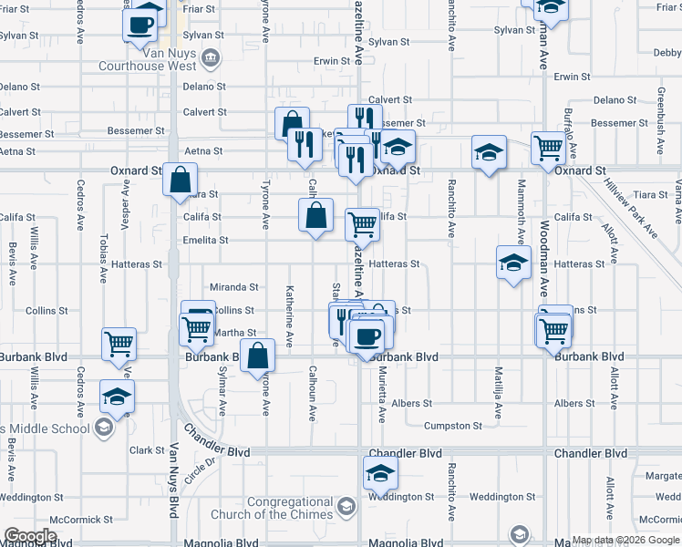 map of restaurants, bars, coffee shops, grocery stores, and more near 5750 Stansbury Avenue in Los Angeles