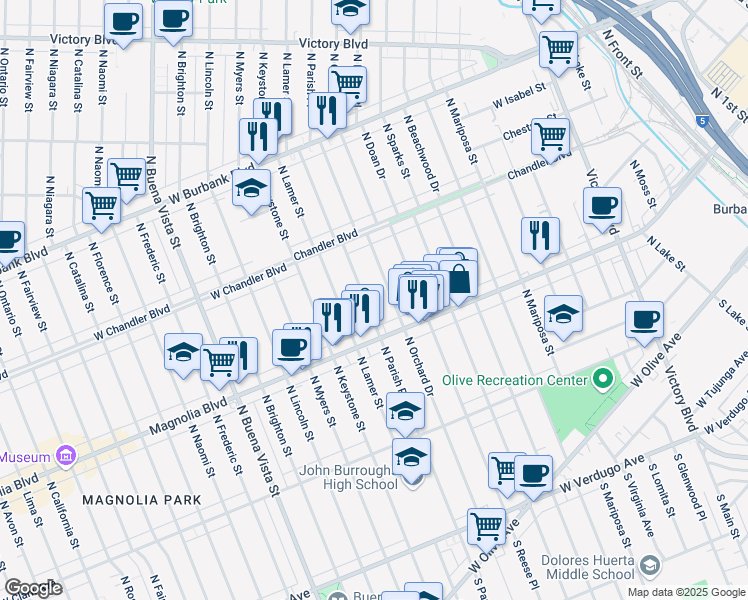 map of restaurants, bars, coffee shops, grocery stores, and more near 704 North Parish Place in Burbank