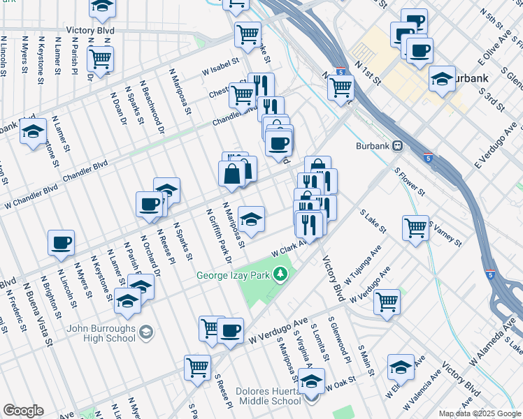 map of restaurants, bars, coffee shops, grocery stores, and more near 311 North Lomita Street in Burbank