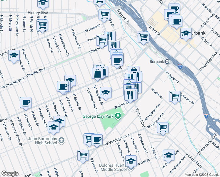 map of restaurants, bars, coffee shops, grocery stores, and more near 311 North Lomita Street in Burbank