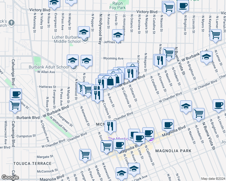 map of restaurants, bars, coffee shops, grocery stores, and more near 3401 Burbank Boulevard in Burbank
