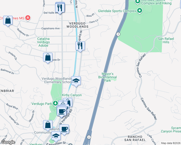 map of restaurants, bars, coffee shops, grocery stores, and more near 1855 Verdugo Knolls Drive in Glendale